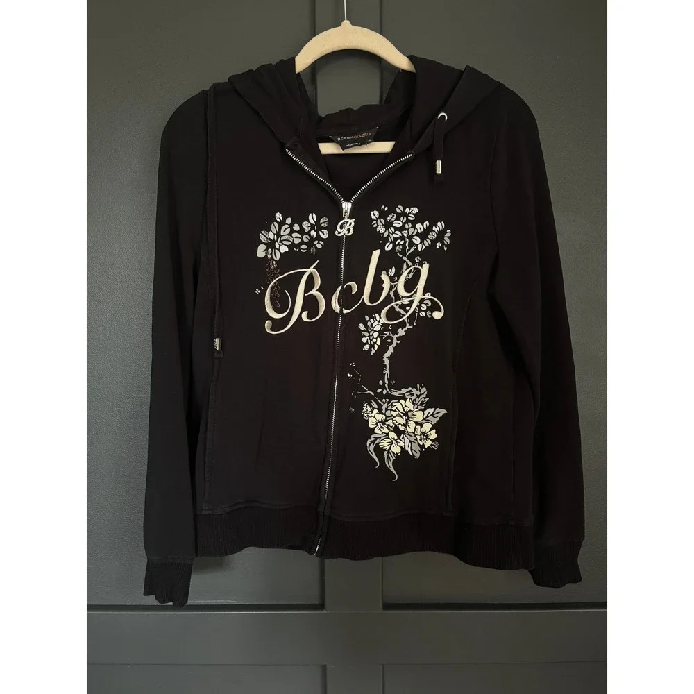 BCBG Max Azria Peacock Hoodie XL Y2K Graphic Rhinestone Zip Jacket Bratz Artsy